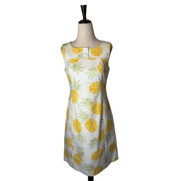 Brooks Brothers Pineapple Print Shift Dress Womens 4 Petite White Yellow Preppy - Picture 2 of 13